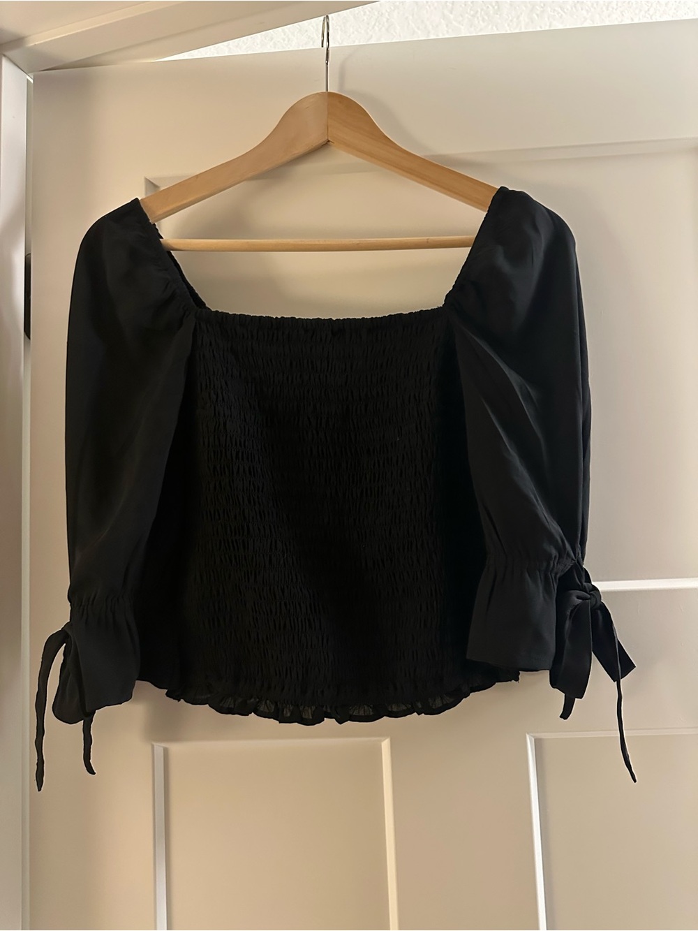 Abercrombie & Fitch Black Smocked Square-Neck Top with Tie Cuffs